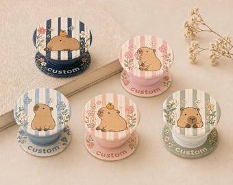 Cute Capybara Phone Pocket, Floral Stripes Pop Pocket, Personalized Custom Name Phone Holder, Pastel Capybara Gift, Cottagecore  Accessory