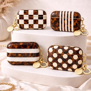 Tortoise Shell AirPods Case, Checkered Stripe Polka Dot Case, Neutral Brown Glossy Earbuds Cover, Cute Aesthetic Tech Gift, No Keychain