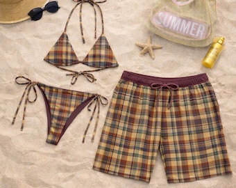 Matching Plaid Couples Swimwear Set, Triangle Tie Side Bikini and Men Beach Shorts, His and Hers Beach Outfit, Summer Vacation Swim Set