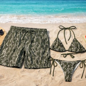 Couple Matching Camo Swimwear Set – Women's Tie Bikini & Men's Drawstring Beach Shorts