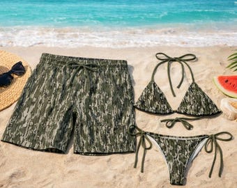 Couple Matching Camo Swimwear Set – Women's Tie Bikini & Men's Drawstring Beach Shorts