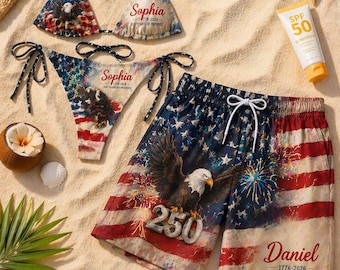 Personalized 250th America Bikini, Eagle American Flag Swimsuit, Custom Name Patriotic Bikini Set, Fourth of July Beachwear, USA Summer
