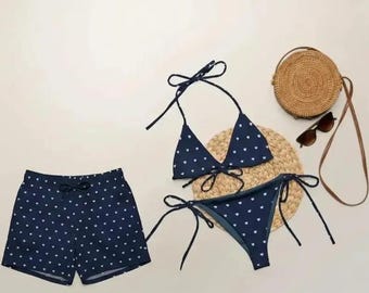 Matching Navy Polka Dot Couple Swimwear Set, His and Hers Bikini and Men Swim Shorts, Beach Vacation Swimsuit, Romantic Summer Gift