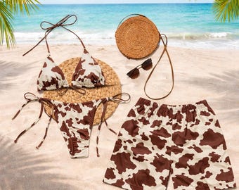 Women’s Cow Print Bikini Swimwear Set, Tie Side Triangle Bikini, Western Style Swimsuit, Cute Summer Beach Bathing Suit for Vacation