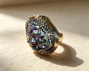 Personalized Raw Druzy Crystal Ring with Custom Metal Tag, Iridescent Titanium Quartz Statement Ring, Unique Keepsake Gift for Mom