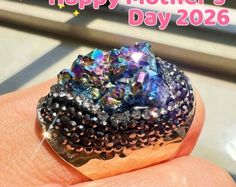 Regenbogen Druzy Kristallring, Muttertagsgeschenk für Mama, Titanquarz Cluster Statement Ring, Boho Schmuck für Frauen