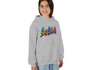 Sudadera juvenil con capucha y estampado de pájaros en acuarela / Ilustración de pájaro arcoíris, jersey cómodo.