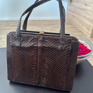 Vintage Brown Python Leather Handbag | 60s 70s Exotic Skin Bag | Structured Retro Purse