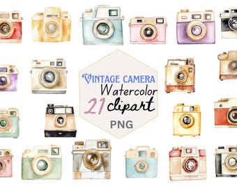 Paquete de imágenes prediseñadas de cámaras vintage en acuarela, cámaras antiguas, fotografía retro (descarga digital)