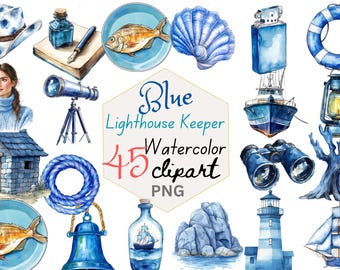 Imágenes prediseñadas de farero azul, acuarela náutica, elementos PNG, gráficos costeros (descarga digital)