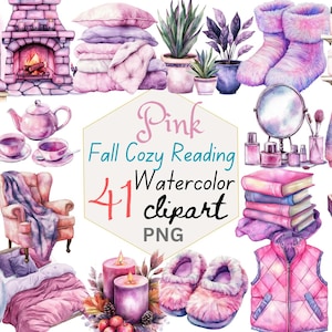 Könnte beinhalten: Aquarell-Clipart-Set mit einem gemütlichen Herbstthema. Enthält einen Kamin, Bücher, einen Plattenspieler, einen Pullover und andere Elemente in Rosa- und Lilatönen. Der Text lautet "Pink Fall Cozy Reading Watercolor clipart 41 PNG."