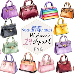 May include: Watercolor clipart of various handbags in different colors, including red, purple, and yellow. The image includes a variety of styles, such as satchels and totes. The text in the image reads "Luxury Women's Handbags Watercolor 29 clipart PNG."