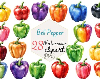 Watercolor Bell Pepper Clipart | 28 Rainbow Vegetable PNG Graphics (Digital Download)