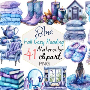 Imágenes prediseñadas de lectura acogedora de otoño azul, rincón de lectura, sillón, pantuflas, libros, velas de acuarela, tetera,
