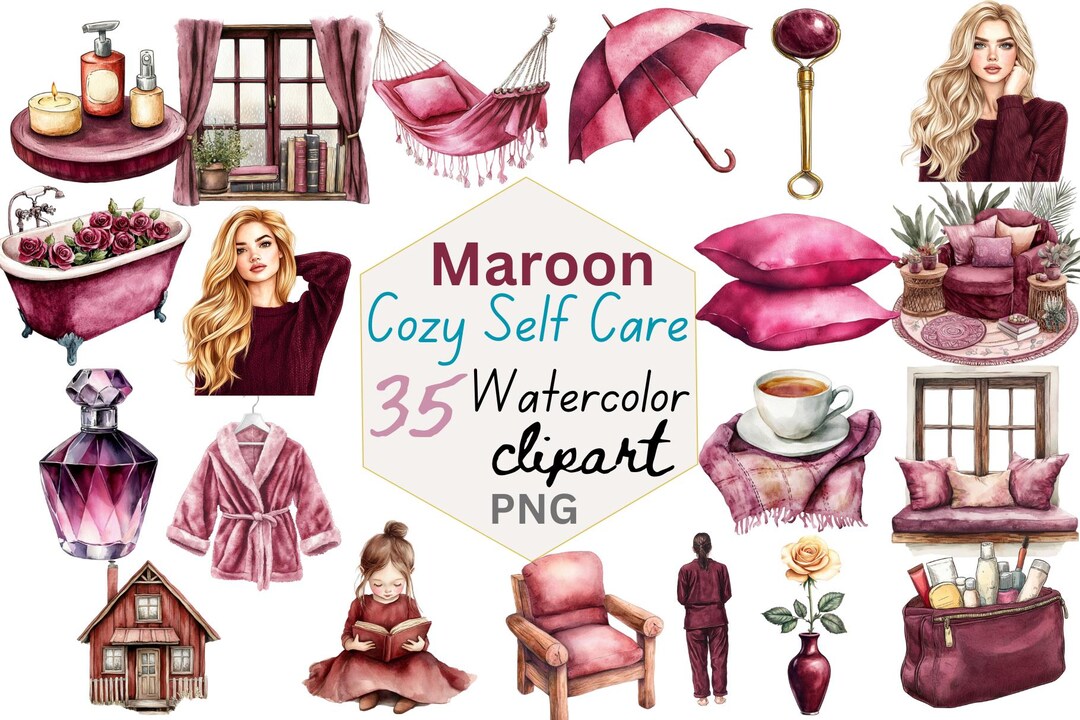 Maroon Cozy Self Care Watercolor Clipart Bundle (35 Pngs) - Etsy