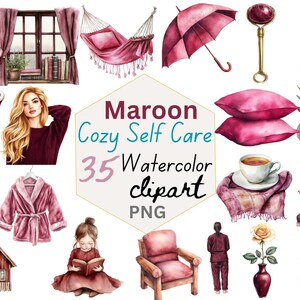 Peut inclure: Ensemble de cliparts aquarelle sur le thème du bien-être en bordeaux. Comprend une baignoire avec des roses, un hamac, un parapluie, des oreillers, une tasse à thé, un peignoir, un flacon de parfum, une maison et une fille lisant. Le texte dit "Maroon Cozy Self Care 35 Watercolor clipart PNG".
