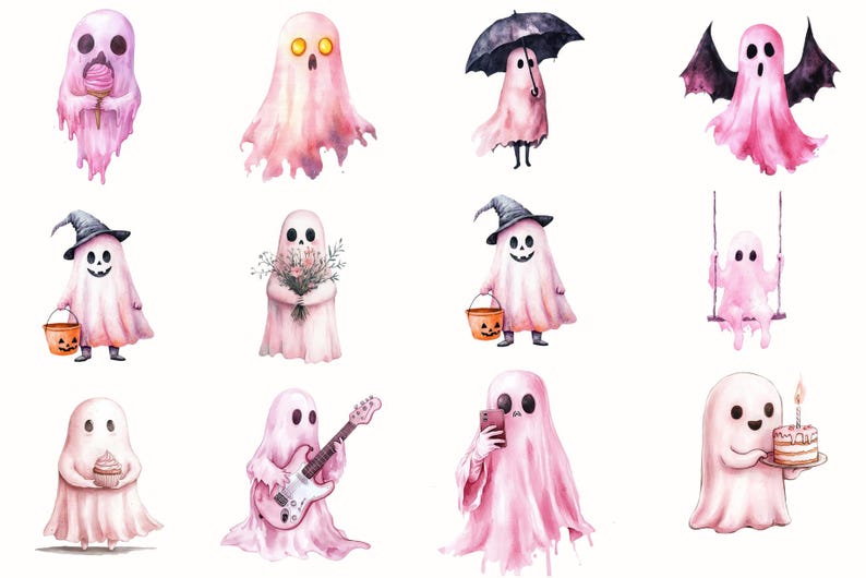 Pink Ghost Watercolor Clipart Bundle, Pastel Halloween, Spooky Kawaii ...