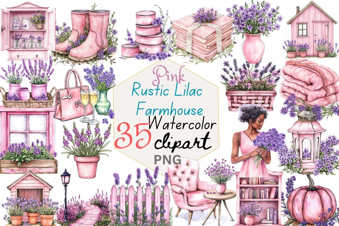 Watercolor Pink Rustic Farmhouse Clipart Bundle, Lilac Lavender PNG ...