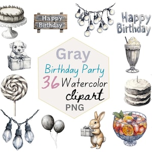 Puede incluir: Conjunto de imágenes prediseñadas de acuarela con elementos de fiesta de cumpleaños. Incluye pasteles, globos, un cachorro, un conejo, un batido, una copa de champán, una piruleta y guirnaldas de luces. También está presente el texto "Gray Birthday Party 36 Watercolor clipart PNG".