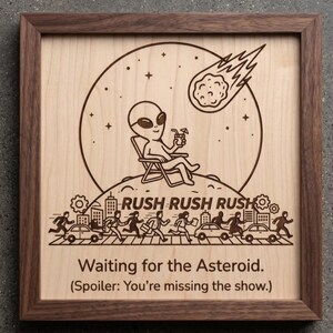 Puede incluir: Obra de arte enmarcada en madera con un diseño grabado. Un extraterrestre se relaja en una silla, cóctel en mano, mientras un meteorito cruza el cielo. Debajo, la gente huye de una ciudad. Texto: "Waiting for the Asteroid. (Spoiler: You're missing the show.)"