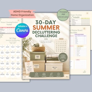 30 Day Challenge Summer Decluttering, Editable Canva Template, ADHD Cleaning