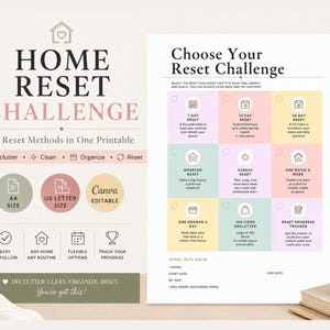 Könnte beinhalten: Ein druckbares Home Reset Challenge Dokument mit neun verschiedenen Organisationsmethoden. Das Layout enthält ein Raster aus farbigen Quadraten mit Symbolen und Text für verschiedene Ziele sowie einen Bereich für Notizen und Fortschrittsverfolgung.