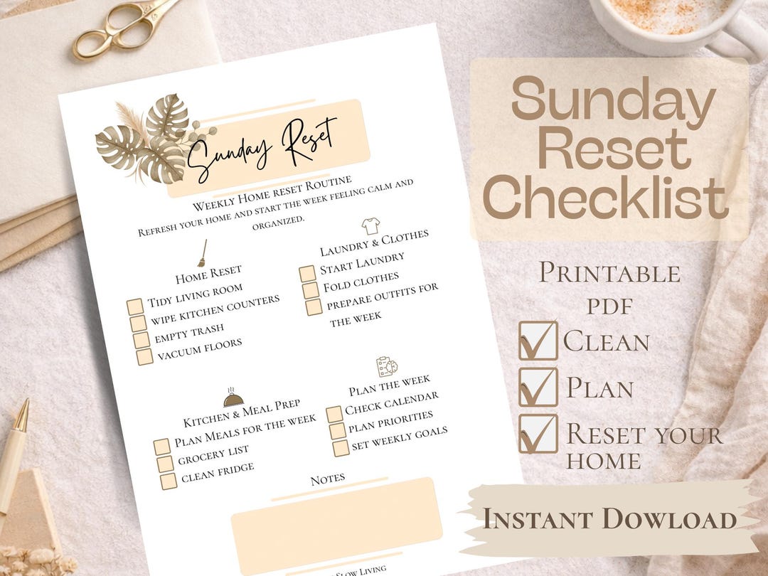 Sunday Reset Checklist Printable PDF | Weekly Reset Planner | Sunday ...