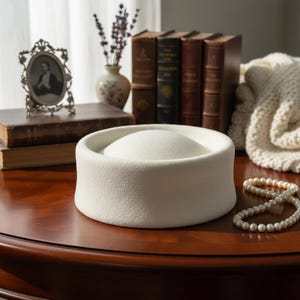 Peut inclure: Un chapeau rond blanc avec une couronne légèrement surélevée est posé sur une table en bois. Un collier de perles et des livres anciens sont à proximité. Le chapeau a une texture douce semblable à du feutre.