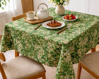 Vintage Green Floral Tablecloth, Cottagecore Round Table Cover, Cozy Farmhouse Kitchen Decor, Garden Style Dining Gift