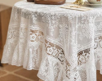 French Lace Tablecloth, Vintage Farmhouse Table Cover, Round Rectangular Dining Tablecloth, Cottagecore Decor
