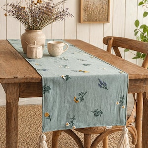 Könnte beinhalten: Hellblau bestickter Tischläufer mit floralen Mustern, darunter gelbe, weiße und lila Blumen. Der Läufer hat cremefarbene Quasten und wird auf einem Holztisch mit einer Vase und einer Tasse präsentiert.