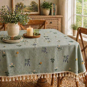 Wabi Sabi geborduurd linnen tafelkleed, crème tafelkleed, rechthoekige eettafeldoek, decor boerderij thee salontafel,