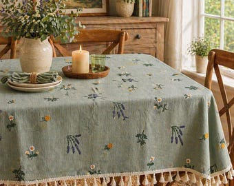 Wabi Sabi bestickte Leinentischdecke, cremefarbene Tischdecke, rechteckige Esstischdecke, Bauernhaus-Teetischtischdecke,