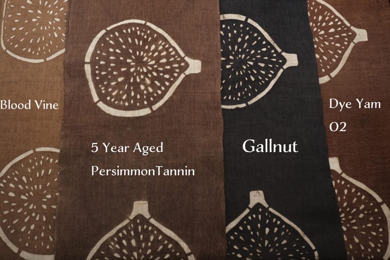Puede incluir: Tiras de tela textil con un patr&oacute;n de higo blanco repetitivo sobre fondos marrones y gris oscuro. Las etiquetas de texto incluyen Blood Vine, 5 Year Aged Persimmon Tannin, Gallnut y Dye Yam 02. La tela tiene una textura tejida visible en todo.