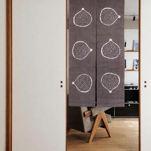 Puede incluir: Una cortina noren de tela gris oscuro con un patr&oacute;n repetitivo de l&iacute;neas blancas de higos cortados por la mitad. La cortina rectangular est&aacute; dividida en dos paneles verticales y cuelga en una puerta, mostrando seis ilustraciones de higos.