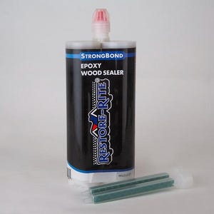May include: A black epoxy wood sealer container with the text "Strongbond Epoxy Wood Sealer" and "Restore-Rite". Includes two green applicator sticks. The container has a red and white nozzle.