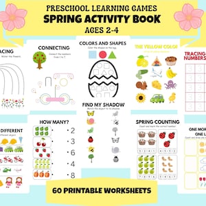 May include: A spring-themed preschool activity book for ages 2-4, with colourful illustrations and educational games. Includes tracing, counting, and shape recognition exercises. The book contains 60 printable worksheets.
