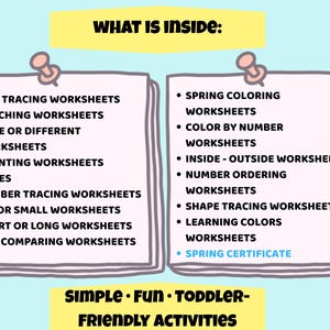 May include: A colourful graphic with the text "WHAT IS INSIDE:" above two stacks of worksheets. The worksheets include line tracing, matching, counting, mazes, and more. The bottom of the graphic reads "SIMPLE &bull; FUN &bull; TODDLER-FRIENDLY ACTIVITIES."