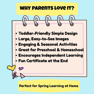 May include: A light blue background with a notepad graphic. The notepad has a pink border and silver rings at the top. Text includes "WHY PARENTS LOVE IT?" and "Perfect for Spring Learning at Home."