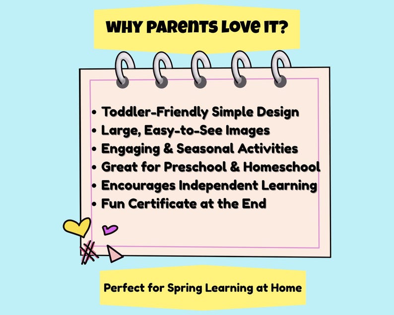 May include: A light blue background with a notepad graphic. The notepad has a pink border and silver rings at the top. Text includes "WHY PARENTS LOVE IT?" and "Perfect for Spring Learning at Home."