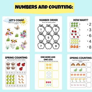 May include: A set of educational worksheets for children focusing on numbers and counting. Includes activities like "Let's Count" with bees and butterflies, number sequencing with apples, and "How Many?" with different objects. Also features "Spring Counting" and "One More and One Less".