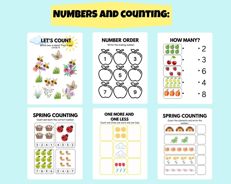 May include: A set of educational worksheets for children focusing on numbers and counting. Includes activities like "Let's Count" with bees and butterflies, number sequencing with apples, and "How Many?" with different objects. Also features "Spring Counting" and "One More and One Less".