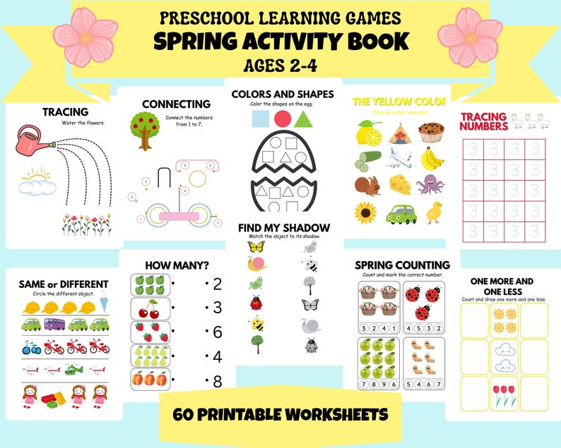 May include: A spring-themed preschool activity book for ages 2-4, with colourful illustrations and educational games. Includes tracing, counting, and shape recognition exercises. The book contains 60 printable worksheets.