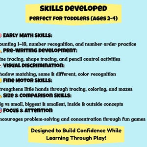 May include: A light blue educational poster with yellow banners. The poster lists skills developed for toddlers, including early math, pre-writing, visual discrimination, fine motor, size comparison, and focus & attention. The text reads "Designed to Build Confidence While Learning Through Play!"