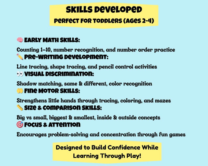 May include: A light blue educational poster with yellow banners. The poster lists skills developed for toddlers, including early math, pre-writing, visual discrimination, fine motor, size comparison, and focus & attention. The text reads "Designed to Build Confidence While Learning Through Play!"