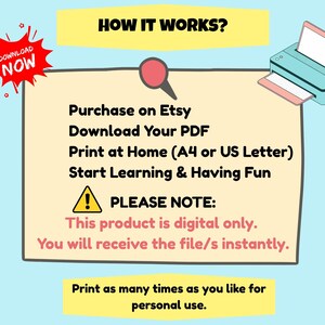 May include: A light blue graphic with the text "HOW IT WORKS?" and instructions: Purchase on Etsy, Download Your PDF, Print at Home, Start Learning & Having Fun. Includes a printer illustration and a "DOWNLOAD NOW" graphic.