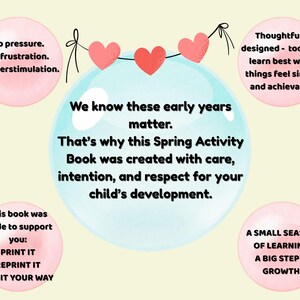 May include: A light yellow background with a blue bubble containing text about a Spring Activity Book. Pink circles with text include: "No pressure," "Thoughtfully designed," and "A small season of learning." Three red hearts are strung across the top.