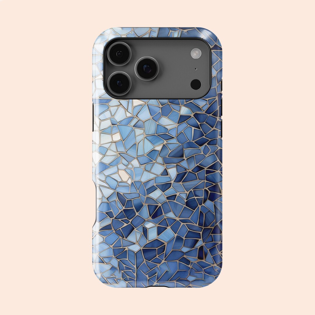 3D Stylish Tile Art Blue Tile Mosaic Phone Case for iPhone 17 16 15 14 ...