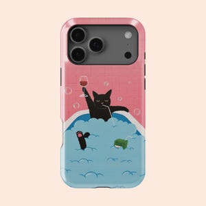 Artsy Black Cat Cute Lazy Cat Phone Case For iPhone 17 16 15 14 13 12 11 Pro Max Tough MagSafe Samsung Galaxy S26 S25 S24 S23 S22 S21 Ultra