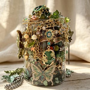 Green Vintage Emerald Mystery Jewelry Jar Random Crystal Jewelry Grab Bag Gift For Women